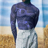 Rave Outfits Men Long Sleeve Shirt Tight Long Sleeve Bottoming Shirt Hip Hop Print See-through T-shirt for Men