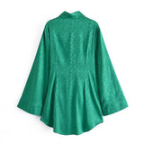 Women Fall Fall Satin Print Flare Sleeve Waist Belt Dress