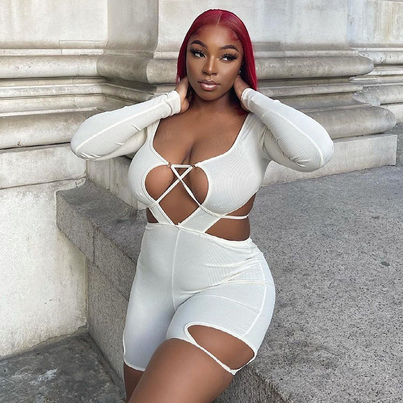 Solid Color Drawstring Strap Low-Cut Long Sleeve Midriff Outfit One-Piece Shorts