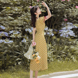 Women Retro Cottagecore Vintage Dress Retro Light Yellow Polka Dot Corsetv Collar Short Sleeve Mid-Length Dress Summer