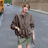 Cute Leather Jacket Retro Easy Matching Leather Clothing with Stand Collar Coat Female Autumn