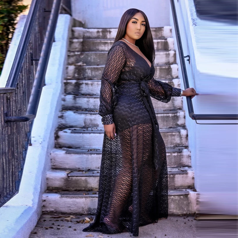 Nina Parker Black Dress Fashion Sexy Mesh plus Size Dress Two-Piece Set