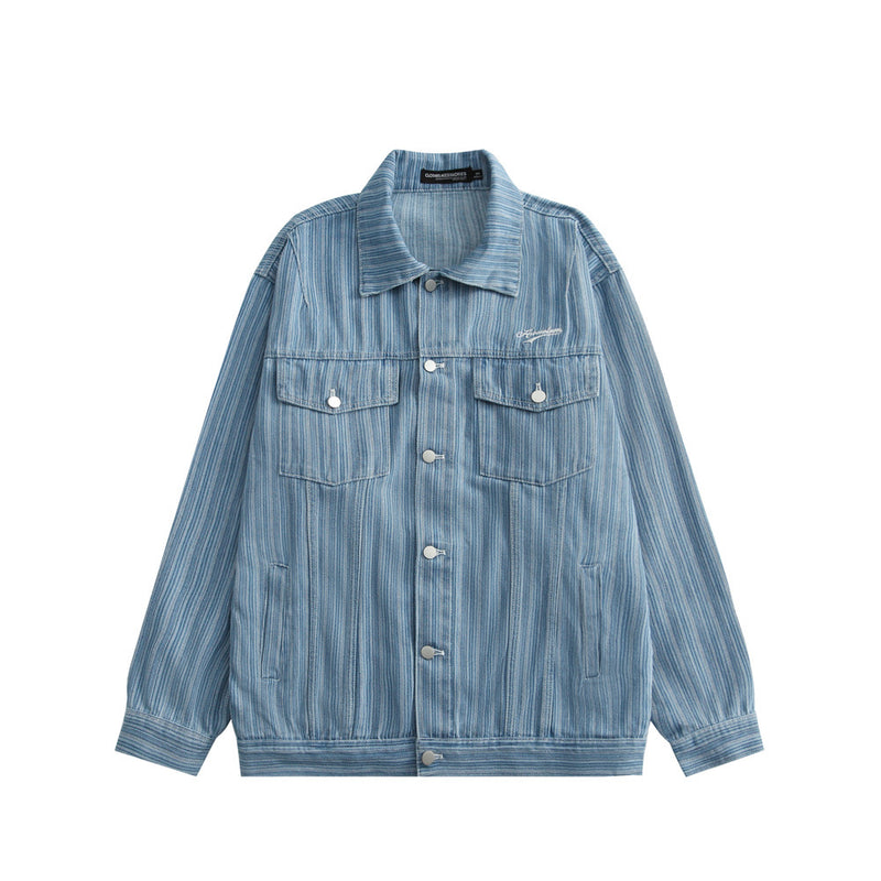 Men Denim Coat Jean Jackets Multi-Pocket Vertical Stripes Washed Denim Jacket Men Loose Lapels Jacket Denim Coat