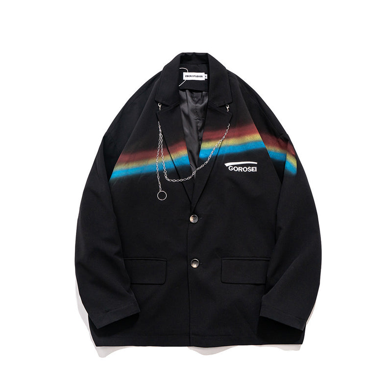 Men's Casual Suit Man Blzer Rainbow Printing Two Button Suit Men's Chain Decoration Blazer Street Jacket