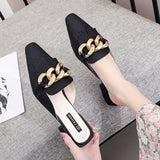 Finn Chain Pointed Toe Mule Closed Toe Half Slippers Women's Summer Outer Wear Pointed Toe Women's Shoes Chunky Heel