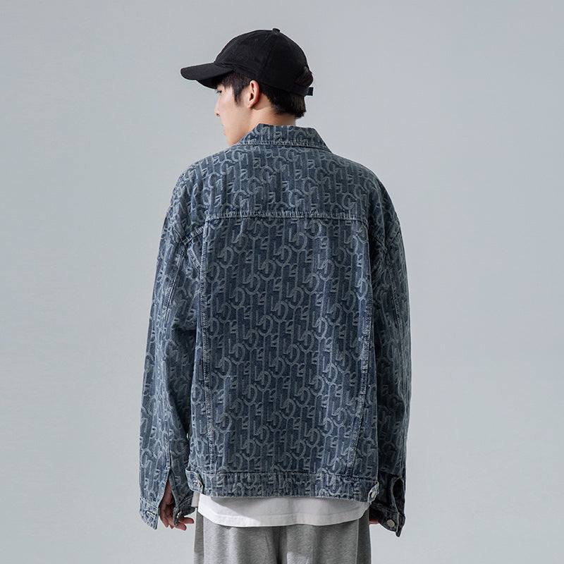 Denim Varsity Jacket Men's Autumn Jacquard Full Printed Loose Jacket