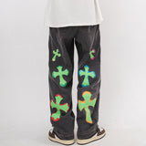 Mens Fall Outfits Vintage High Street Cross Graffiti Printing Jeans Men and Women Straight Loose-Fitting Wide-Leg Trousers
