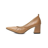 Nude Block Heels Soft Leather Chunky Heel High Heels Pointed Toe Pumps Leather Shoes