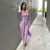 Autumn Solid Color off-Shoulder Long Sleeve Sunken Stripe Stitching Tight Trousers Jumpsuit