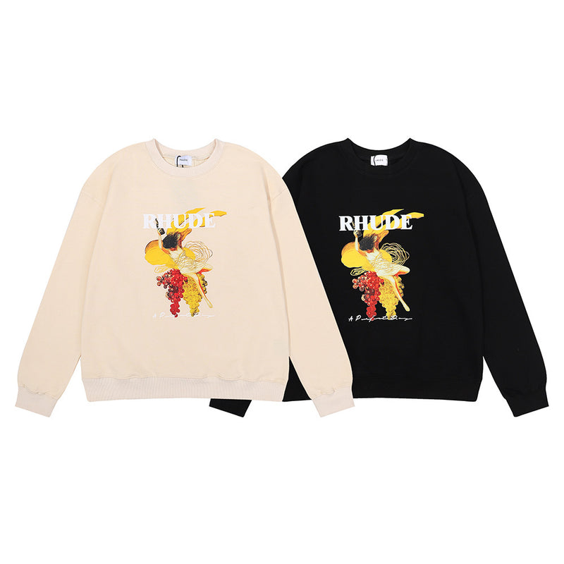 Rhude Hoodie Printed Cotton Terry Hip Hop Men and Women Casual round Neck Sweater