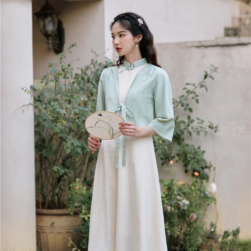 Women Retro Cottagecore Vintage Summer Dress Embroidered Slim Fit Dress Two-Piece Set