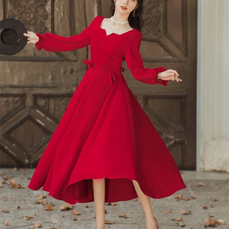 Women Retro Cottagecore Vintage Dress Square Collar Dres Vintage Red Gentle Long Sleeve Mid-Length Dress Women