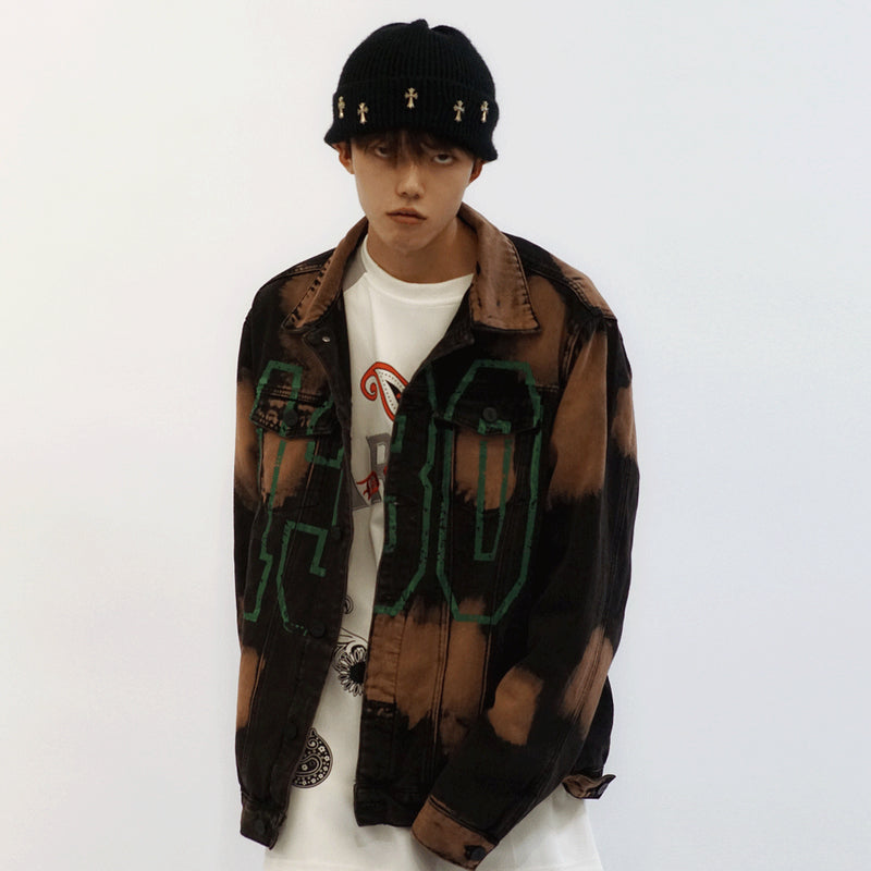 Men Denim Coat Jean Jackets Letter Printed Tie-Dyed Denim Jacket Men's Loose Lapels Jacket Denim Jacket