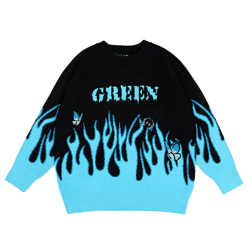 Mens Fall Outfits Gradient Flame Jacquard Butterfly Embroidered Couple Sweater Oversize Loose Knitted Top