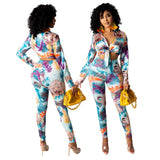 See through Pants Suit Fashion European and American Style Slim Fit Women's Long Sleeve Trendy Printed Casual