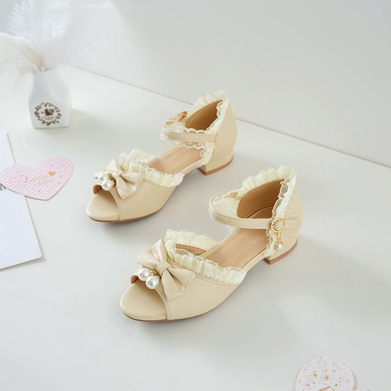 Flat Dress Sandals Summer Low Heel Peep Toe Bow Buckle Sandals for Women