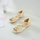 Flat Dress Sandals Summer Low Heel Peep Toe Bow Buckle Sandals for Women