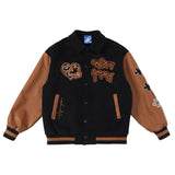 Brown Varsity Jacket Puzzle Embroidery Loose Jacket Men's Stitching Lapel Baseball Uniform Couple Coat