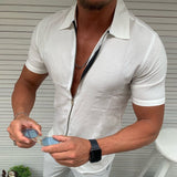 Sweat Wicking Shirt Solid Color Zipper Short Sleeve Shirt Slim-Fit Cardigan Top