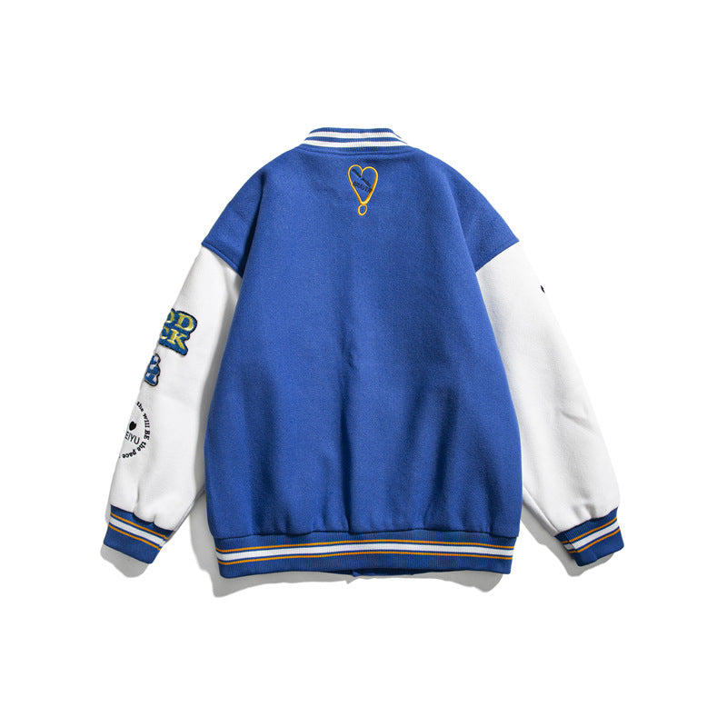 Orange Varsity Jacket Autumn Baseball Uniform Couple Cartoon Embroidered Stand Collar Long Sleeve Jacket Men