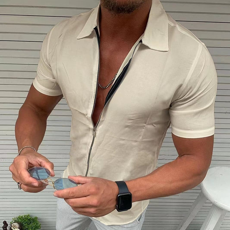 Sweat Wicking Shirt Solid Color Zipper Short Sleeve Shirt Slim-Fit Cardigan Top