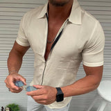 Sweat Wicking Shirt Solid Color Zipper Short Sleeve Shirt Slim-Fit Cardigan Top