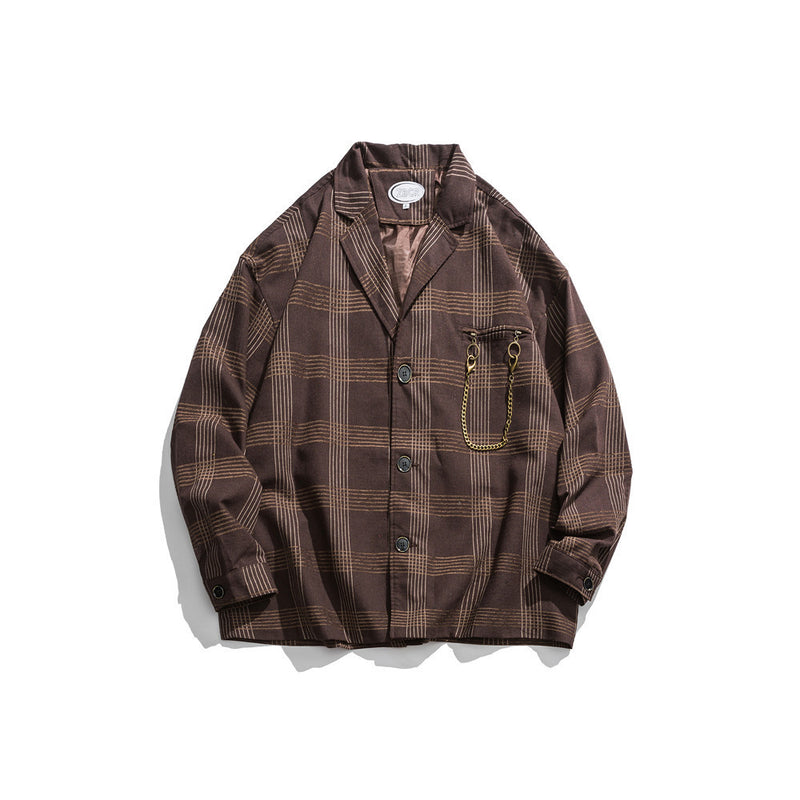 Men's Casual Suit Man Blzer Retro Plaid Suit Coat Men's Chain Loose Lapels Casual Small Suit