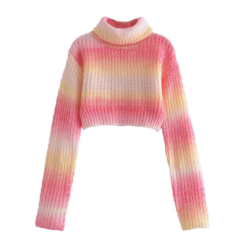 Women Fall Fall Fall Waffle Knitted Striped High Neck Short Sweater