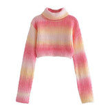 Women Fall Fall Fall Waffle Knitted Striped High Neck Short Sweater