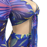 See through Pants Suit Fashion Digital Printed V-neck Tied Long Sleeves