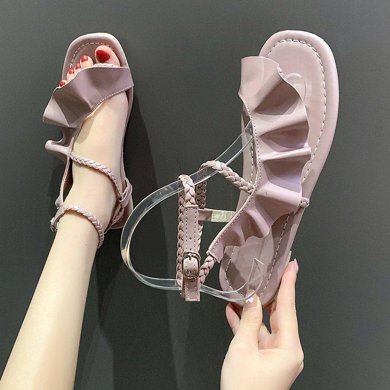 Women Open Toe Sandals Flats Summer Ruffles Flat Large Size Sandals