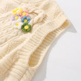 Men Sweater Vest BF Idle Style Small Flower Pocket Sweater Vest Men's Loose Street round Neck Sleeveless Sweater Vest