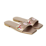 Flat Dress Sandals Large Size Embroidered Flower Cutout Square Toe Sandals