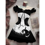 Skull Dress Digital Printing Drawstring Short Sleeve Dress Autumn