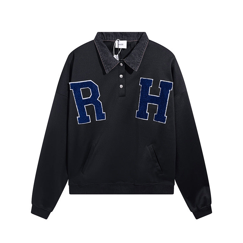 Rhude Hoodie Embroidery Denim Collar Stitching for Men and Women
