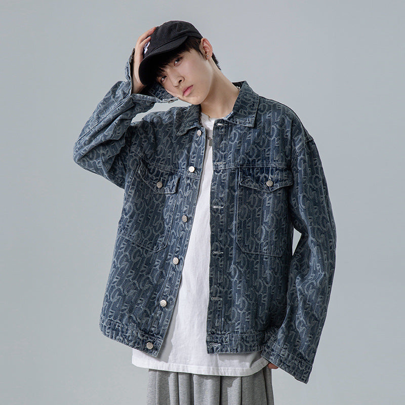 Denim Varsity Jacket Men's Autumn Jacquard Full Printed Loose Jacket