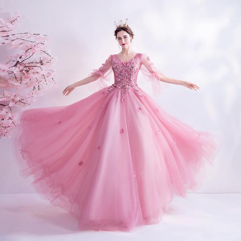 Women'S Evening Dress Ball Gown Princess Quinceanera Wedding Dresses Pink Performance Host Tulle Tutu Dress Banquet Evening Dress