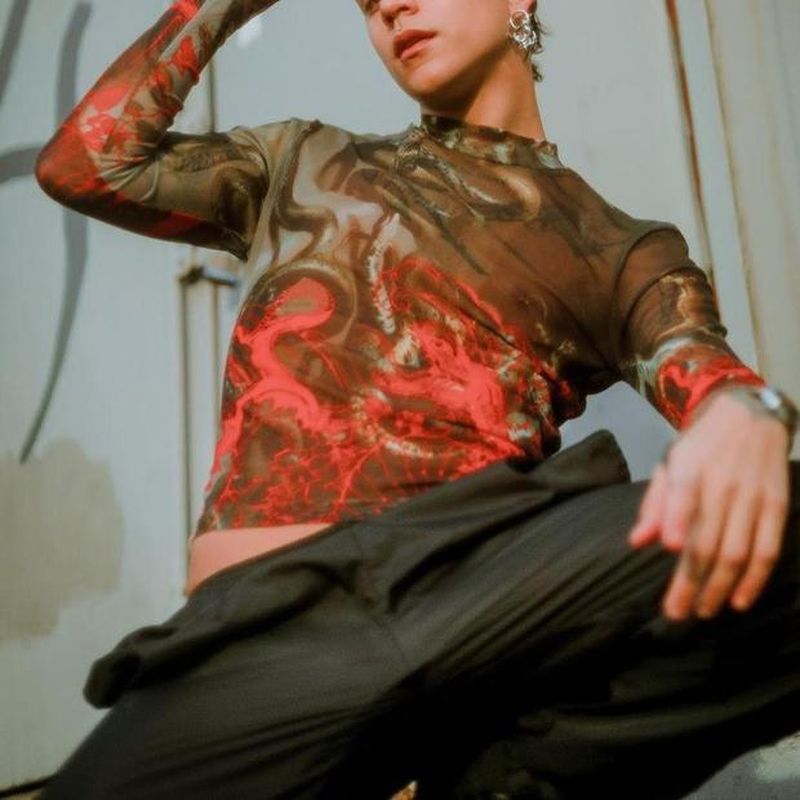 Rave Outfits Men Long Sleeve Sexy Close-Fitting Top Casual Fashion Printing