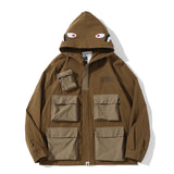 Shark Print Jacket Autumn And Winter Multi-Pocket Workwear Jacket Hooded Coat