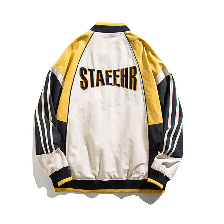 Yellow Varsity Jacket Autumn Jacket Campus Loose Striped Sleeve Men's Jacket
