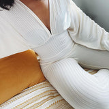 Solid Color Deep V Lace-up Pleating Long Sleeve Tight Trousers Jumpsuit for Women