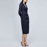Women Spring Dress Suit Midi Dress V-neck Lapel Double Breasted Temperament High Waist Coat Dress