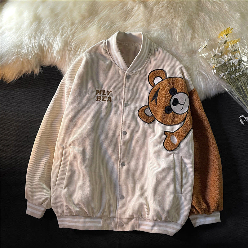Cream Color Varsity Jacket Oversize Corduroy Baseball Uniform Coat