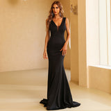 Burgundy Dresses For Wedding Chiffon Black Sleeveless Strap Dress High Waist Deep V-neck Evening Dress For Women