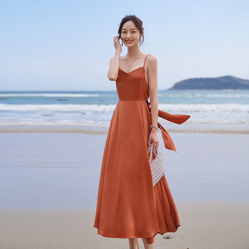 Burnt Orange Dress Clothes Sling Backless Dress Holiday Beach Dress