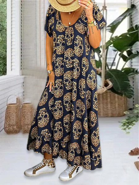 Skull Dress Printed Drop-Shoulder Sleeve Long Swing Dress