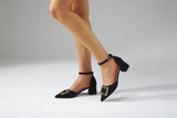Nude Strappy Block Heels Autumn Square Buckle Thick Mid Heel Pointed Toe Large Size Shoes