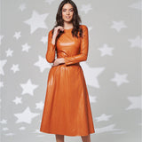 Burnt Orange Dress Autumn and Winter Leather Dress Simple round Neck Elegant Slim PU Leather Belt Dress for Women