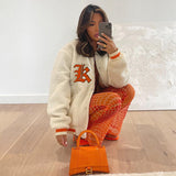 Brown Cropped Varsity Jacket  DA 5347b embroidered contrast stitching lamb velvet jacket