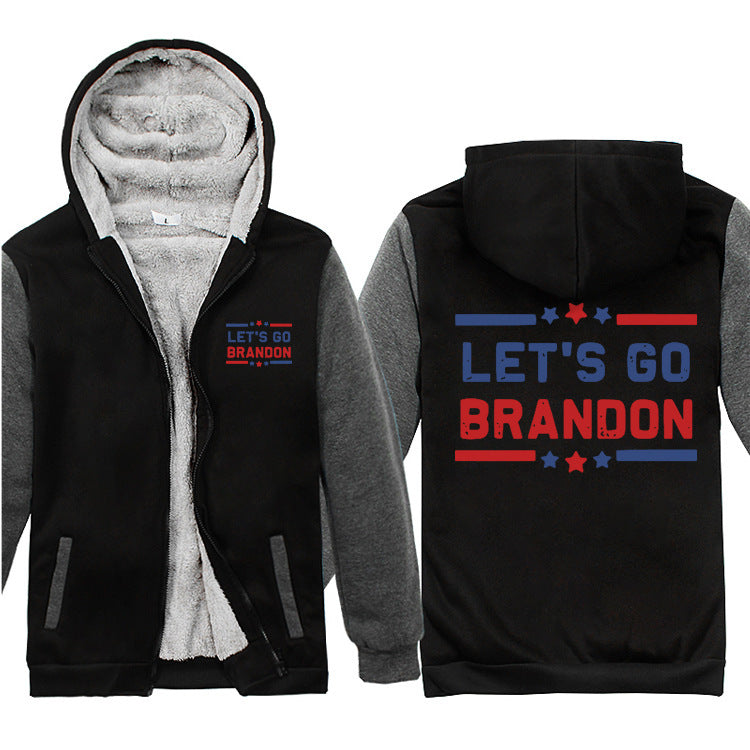 Let's Go Brandon Hoodie English Letters Fashion Velvet Padded Thick Hooded Zipper Top
